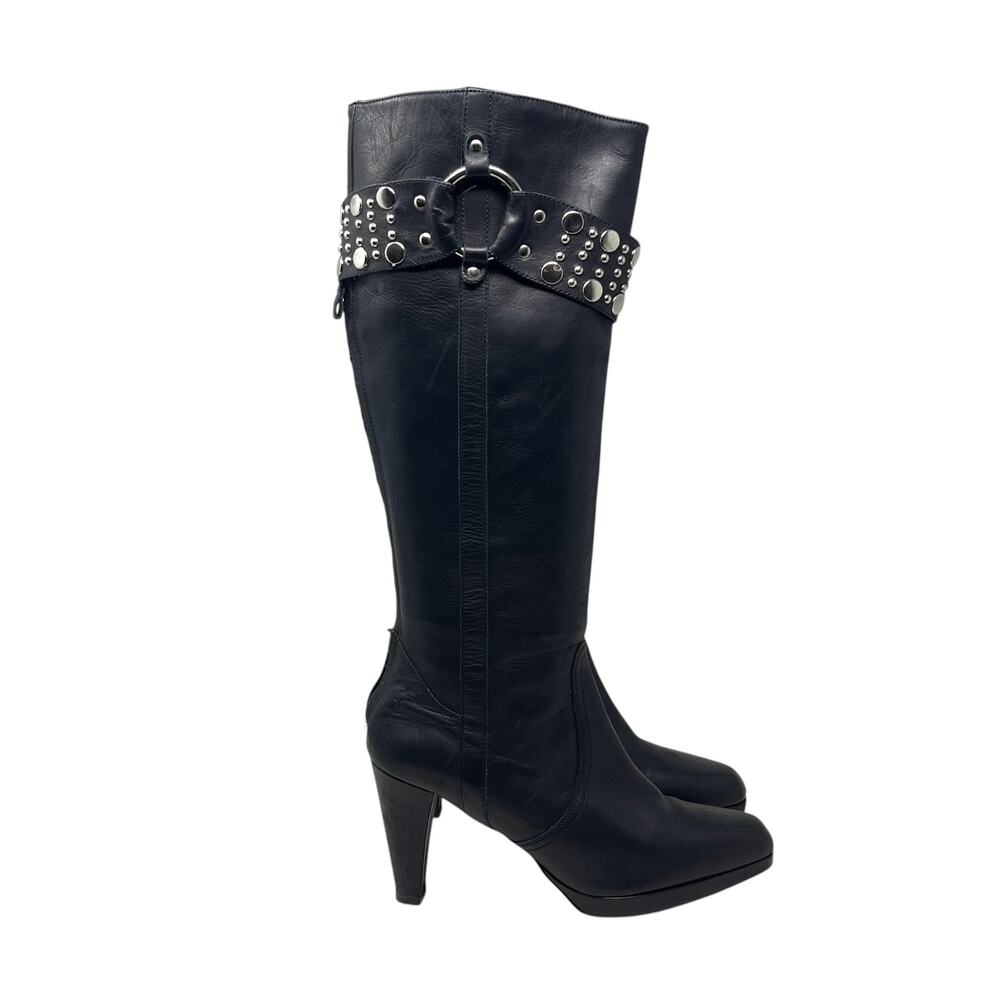 FRYE Katie Tall Studded Ring Heeled Boots - Black - Silver Hardware - Size 10